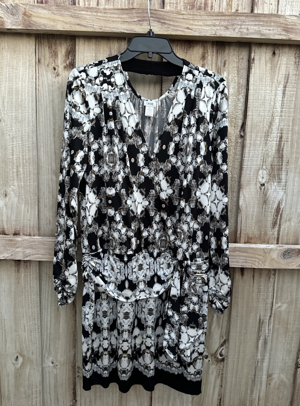 VTG Cache Black White Scarf print Faux Wrap Ruched Drop Waist Dress Glam Chic M